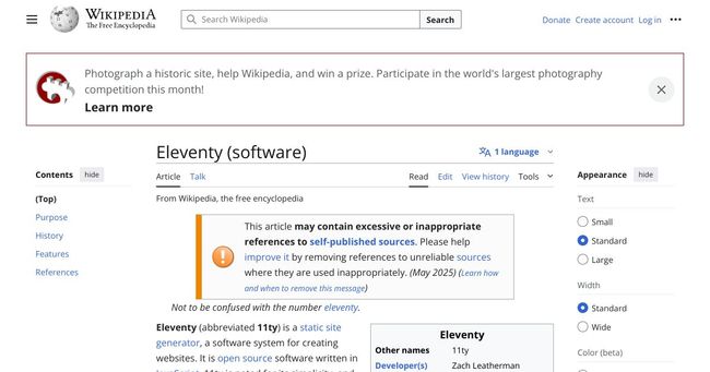A screenshot of the Wikipedia page for Eleventy